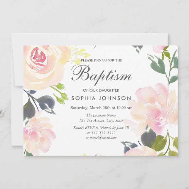 Botanical Elegant Floral Girl Baptism Invite (Front)