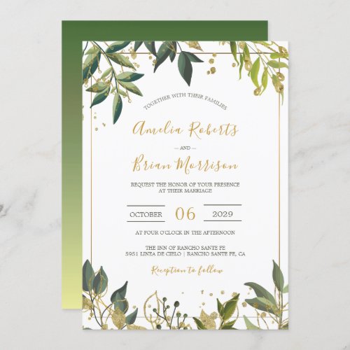 Botanical Elegant Greenery n Gold Floral Wedding Invitation