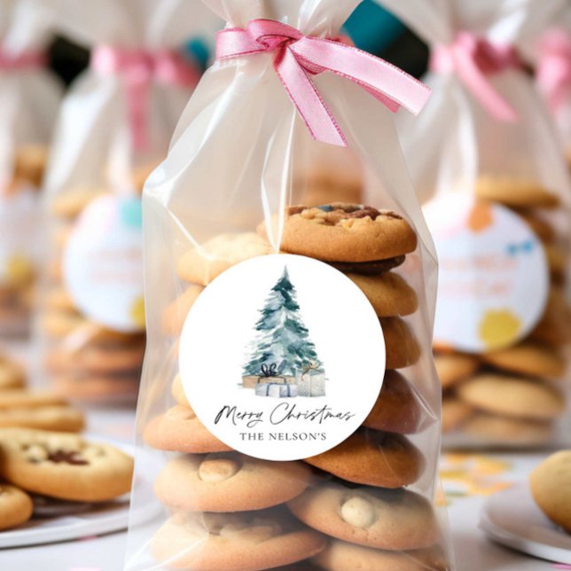 Botanical Elegant Merry Christmas Classic Round Sticker (Merry Christmas Favor Round Sticker)