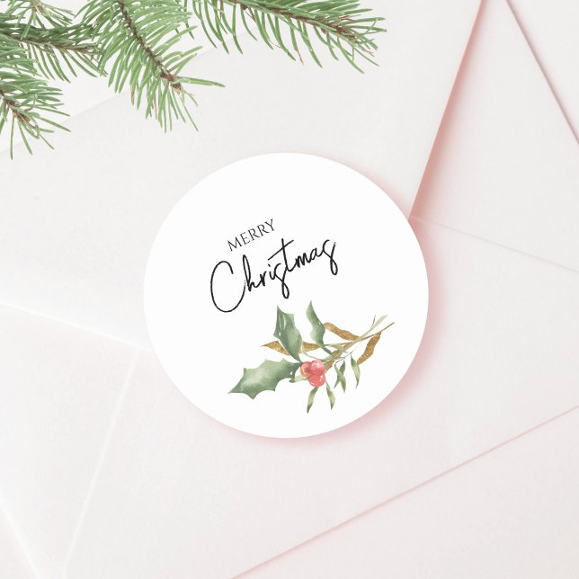 Botanical Elegant Merry Christmas Gold and Green Classic Round Sticker (Creator Uploaded)