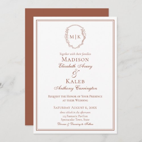 Botanical Elegant Monogram Terracotta Drawn Crest Invitation