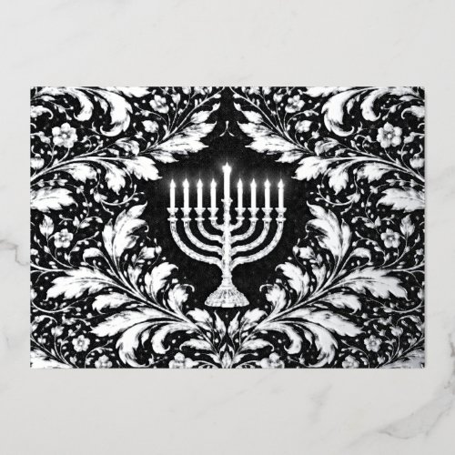 Botanical elegant silver menorah Hannukah Foil Holiday Card