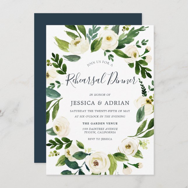 Botanical Elegant Wreath Rehearsal Dinner Invite (Front/Back)