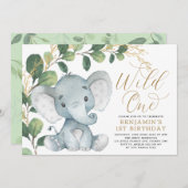 Botanical Elephant Wild One Greenery 1st Birthday Invitation (Front/Back)