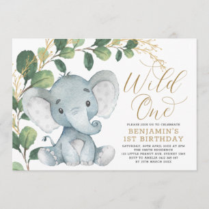 Botanical Elephant Wild One Greenery 1st Birthday Invitation