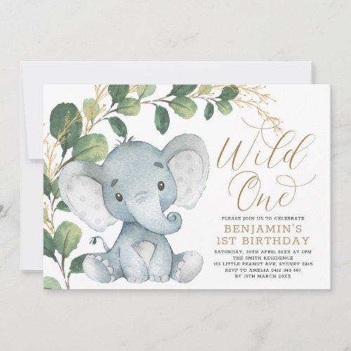 Botanical Elephant Wild One Greenery 1st Birthday Invitation
