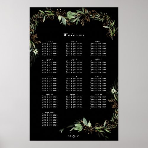 Botanical Eucalyptus Black Wedding Seating Chart