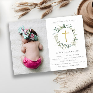 Botanical Eucalyptus Cross Wreath Photo Baptism Invitation
