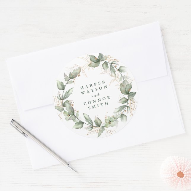 Botanical Eucalyptus Emerald Monogram Wedding Classic Round Sticker (Envelope)