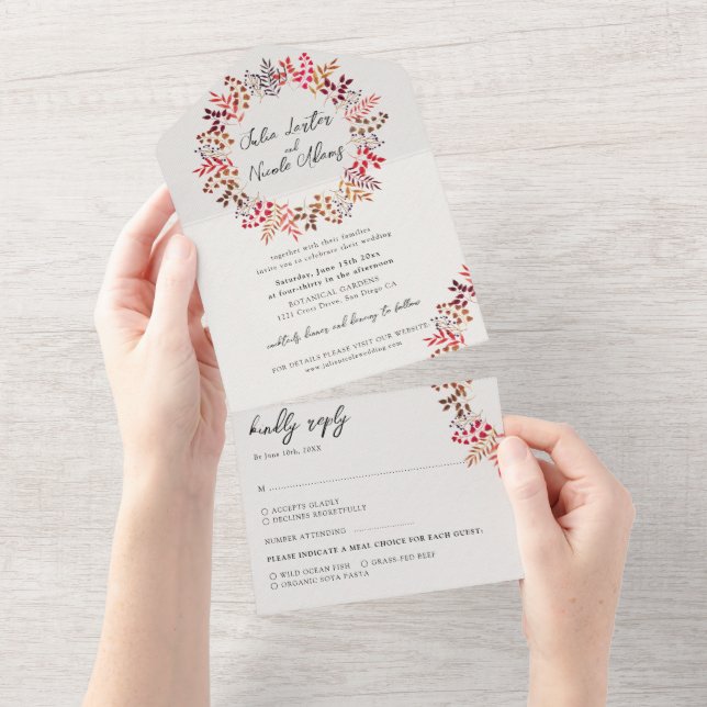 Botanical Eucalyptus Fall Leaf Wreath Wedding All In One Invitation (Tearaway)