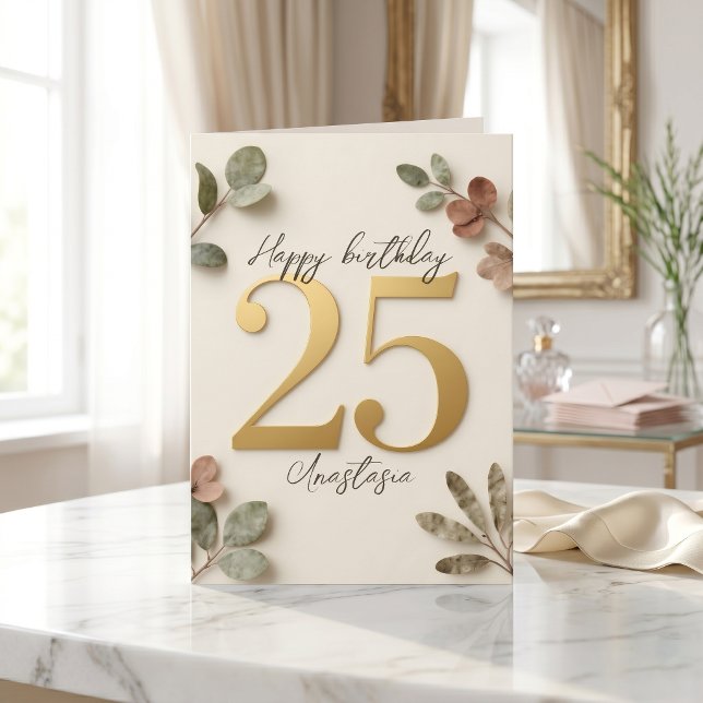Botanical Eucalyptus Faux Gold 25th Birthday Card (Creator Uploaded)