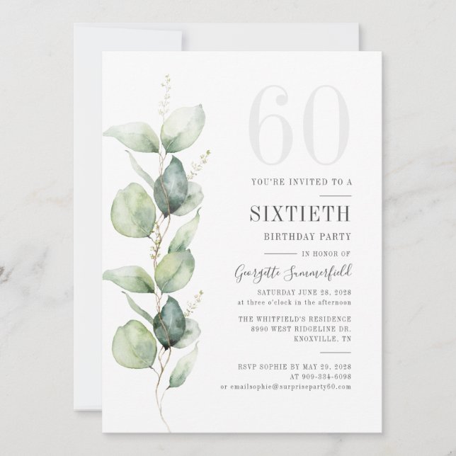 Botanical Eucalyptus Foliage 60th Birthday Party Invitation (Front)