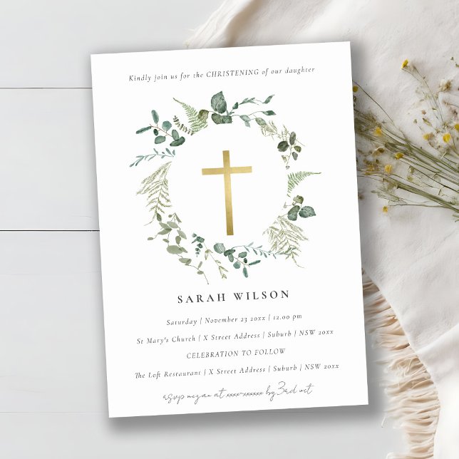 Botanical Eucalyptus Gold Cross Wreath Christening Invitation (Creator Uploaded)