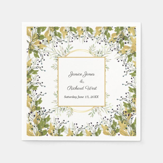 Botanical Eucalyptus Gold Frame Wedding  Napkins (Front)
