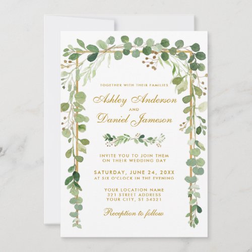 Botanical Eucalyptus Green Gold Frame Wedding W Invitation