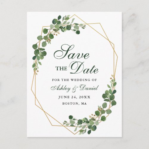 Botanical Eucalyptus Green Gold Save the Date Announcement Postcard