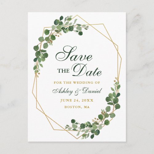 Botanical Eucalyptus Green Save the Date Gold Announcement Postcard