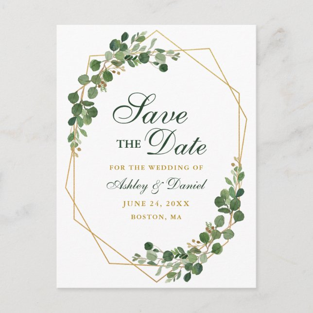 Botanical Eucalyptus Green Save the Date Gold Announcement Postcard (Front)
