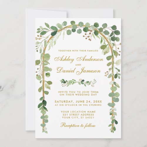 Botanical Eucalyptus Green Wedding Gold Arch W Invitation