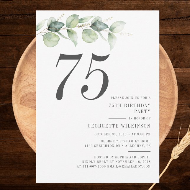 Botanical Eucalyptus Greenery 75th Birthday Invitation (Modern Eucalyptus Minimalist 75th Birthday Party Invitation)