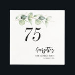 Botanical Eucalyptus Greenery 75th Birthday Paper Napkins<br><div class="desc">Cute and modern, yet elegant 75th birthday party Paper Napkins. Featuring a trendy layout and watercolor floral and greenery eucalyptus foliage. Perfect for any age birthday party. The template that can be easily edited and the text replaced with your own details by clicking the "Personalize" button. For further customization, please...</div>