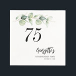 Botanical Eucalyptus Greenery 75th Birthday Paper Napkins<br><div class="desc">Cute and modern, yet elegant 75th birthday party Paper Napkins. Featuring a trendy layout and watercolor floral and greenery eucalyptus foliage. Perfect for any age birthday party. The template that can be easily edited and the text replaced with your own details by clicking the "Personalize" button. For further customization, please...</div>