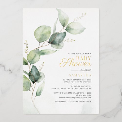 Botanical Eucalyptus Greenery Baby Shower Gold Foil Invitation
