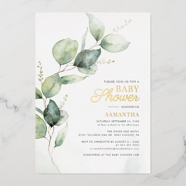 Botanical Eucalyptus Greenery Baby Shower Gold Foil Invitation (Front)