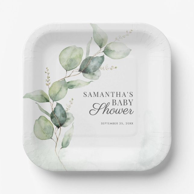 Botanical Eucalyptus Greenery Baby Shower Paper Plates (Front)