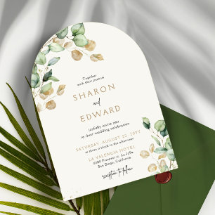 Botanical Eucalyptus Greenery & Gold Arch Wedding Invitation