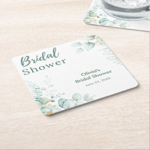 Botanical Eucalyptus Greenery Gold Bridal Shower Square Paper Coaster