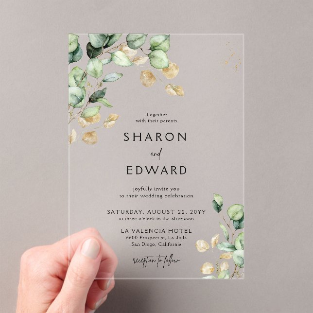 Botanical Eucalyptus Greenery & Gold Chic Wedding Acrylic Invitations (Insitu (Handheld))
