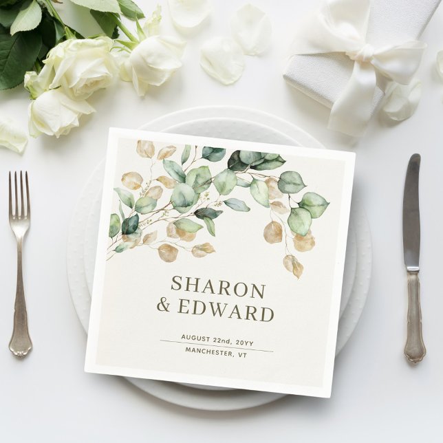 Botanical Eucalyptus Greenery & Gold Chic Wedding Napkins (Creator Uploaded)