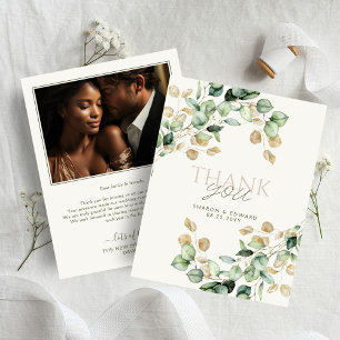 Botanical Eucalyptus Greenery & Gold Photo Wedding Thank You Card
