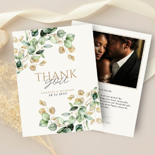 Botanical Eucalyptus Greenery & Gold Photo Wedding Thank You Card