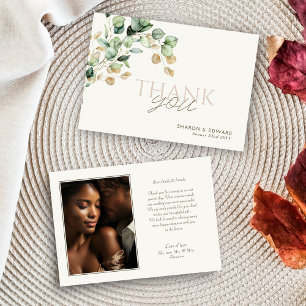 Botanical Eucalyptus Greenery & Gold Photo Wedding Thank You Card
