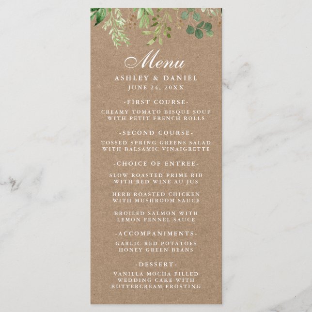 Botanical Eucalyptus Greenery Kraft Wedding Menu (Front)