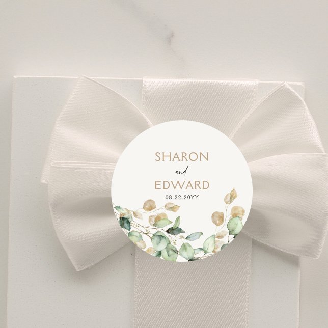 Botanical Eucalyptus Greenery Personalized Wedding Classic Round Sticker (Creator Uploaded)