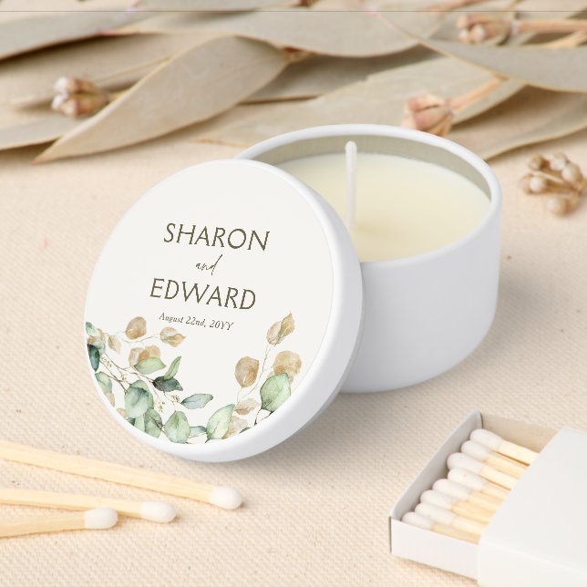 Botanical Eucalyptus Greenery Personalized Wedding Mini Candle Favors (Insitu)