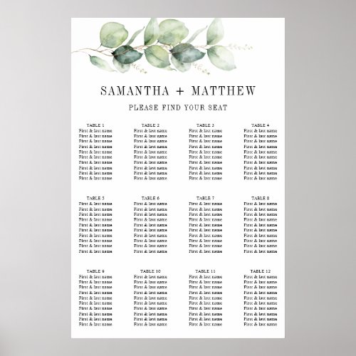 Botanical Eucalyptus Greenery Wedding Seating Poster