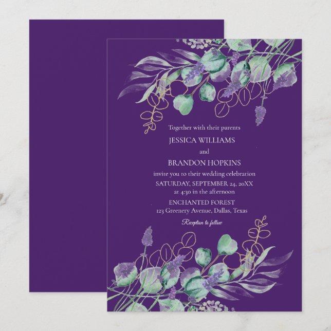 Botanical Eucalyptus Lavender Purple Wedding Invitation (Front/Back)
