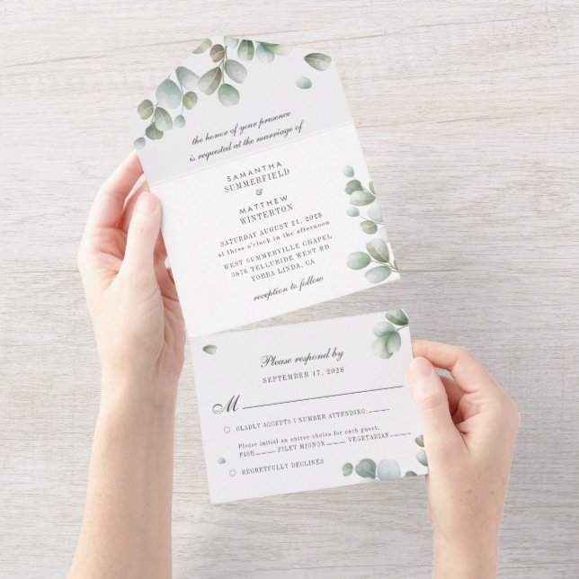 Botanical Eucalyptus Leaves Greenery Wedding All In One Invitation (Tearaway)