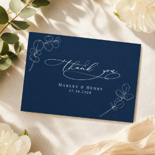 Botanical Eucalyptus Leaves Navy Blue Wedding Thank You Card