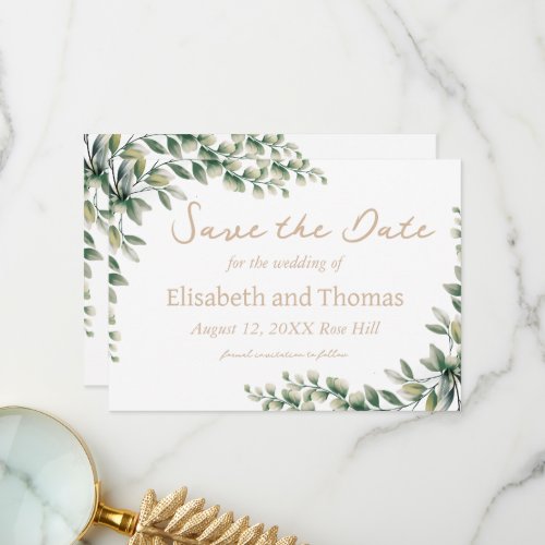 Botanical eucalyptus leaves save the date card