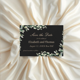 Botanical eucalyptus leaves save the date card