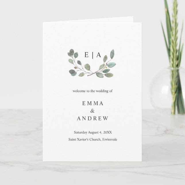 Botanical Eucalyptus Leaves Wedding Book Program (Front)