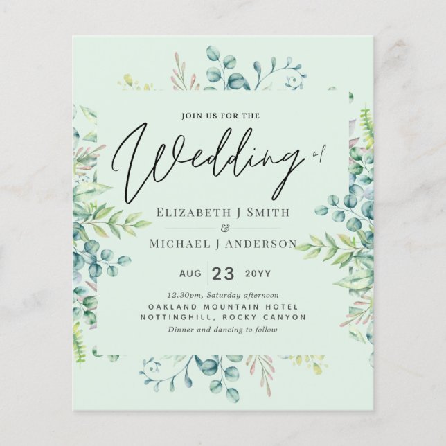 Botanical Eucalyptus Leaves Wedding Invites Budget (Front)