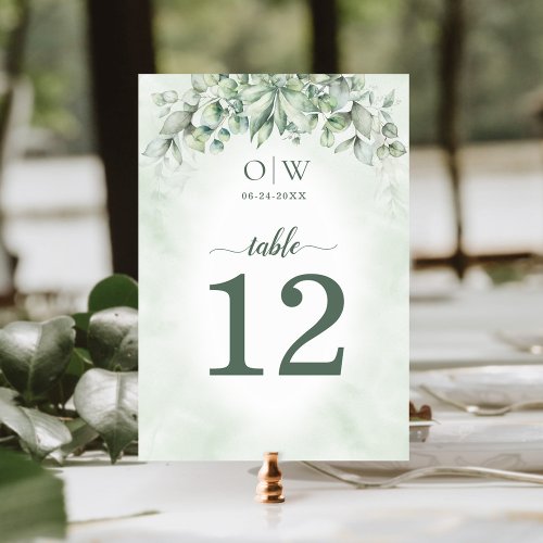 Botanical Eucalyptus Leaves Wedding Table Number