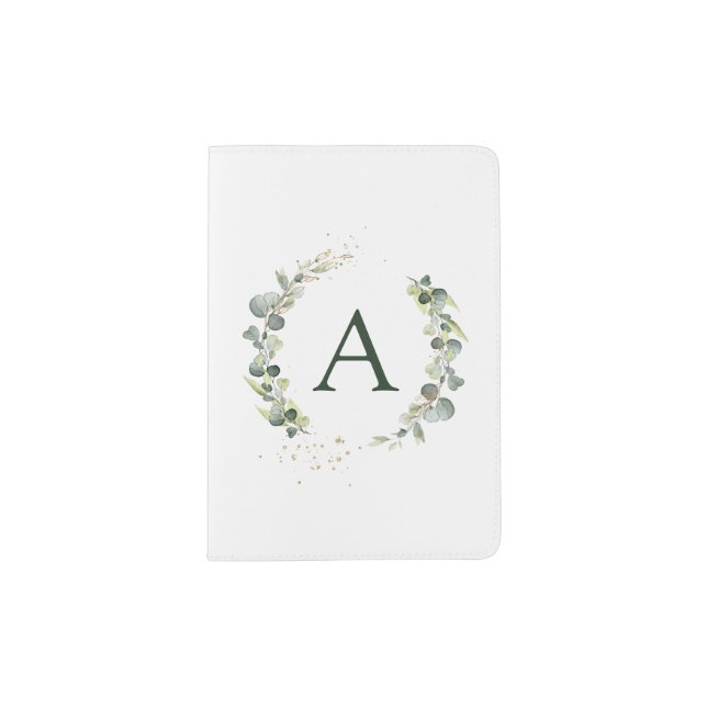 Botanical Eucalyptus Monogram Greenery Travel Passport Holder (Front)