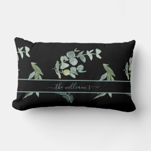 Botanical eucalyptus olive pattern black green lumbar pillow